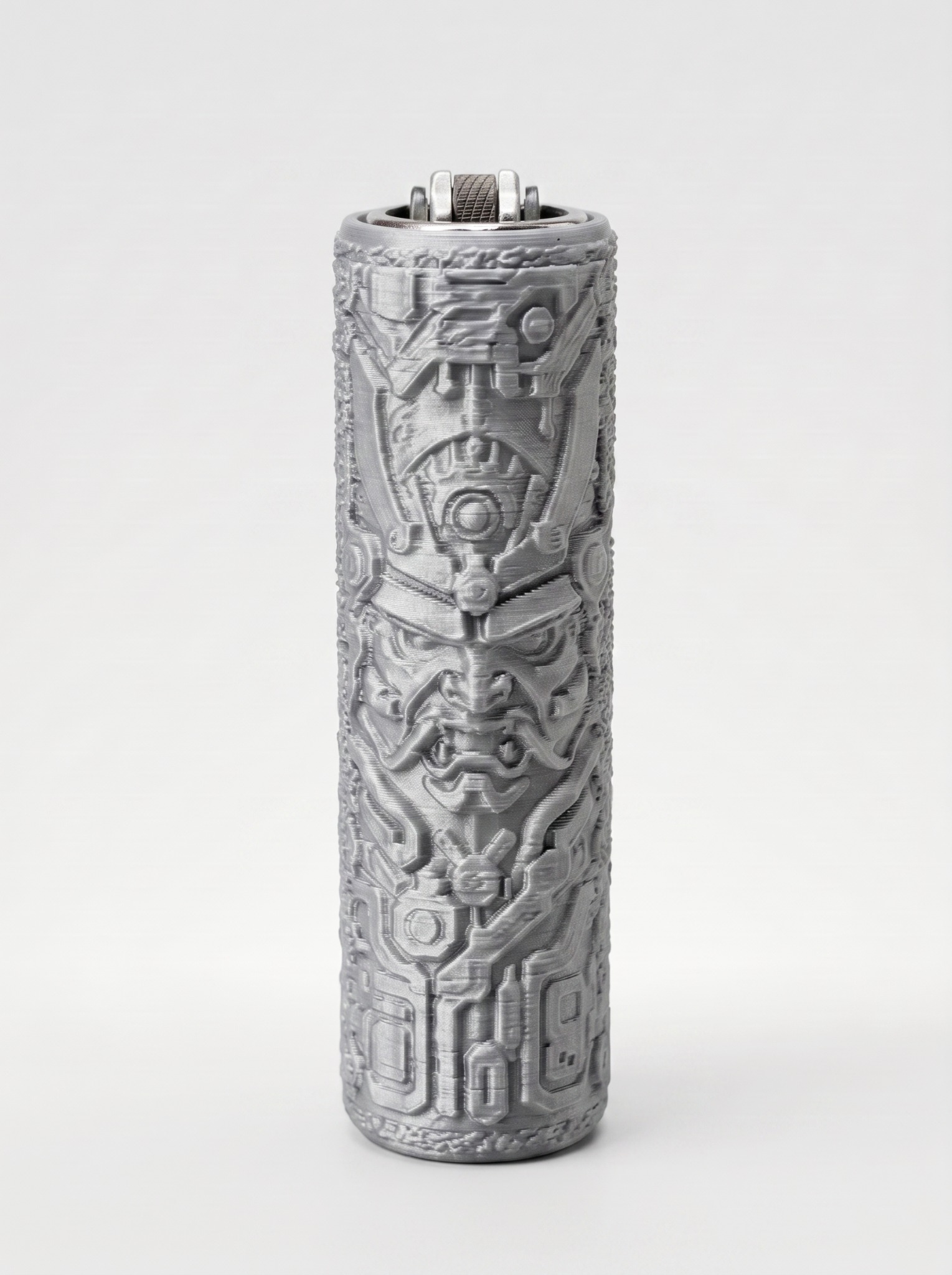Metallic-silver Cyber Ronin lighter sleeve with raised samurai armor details