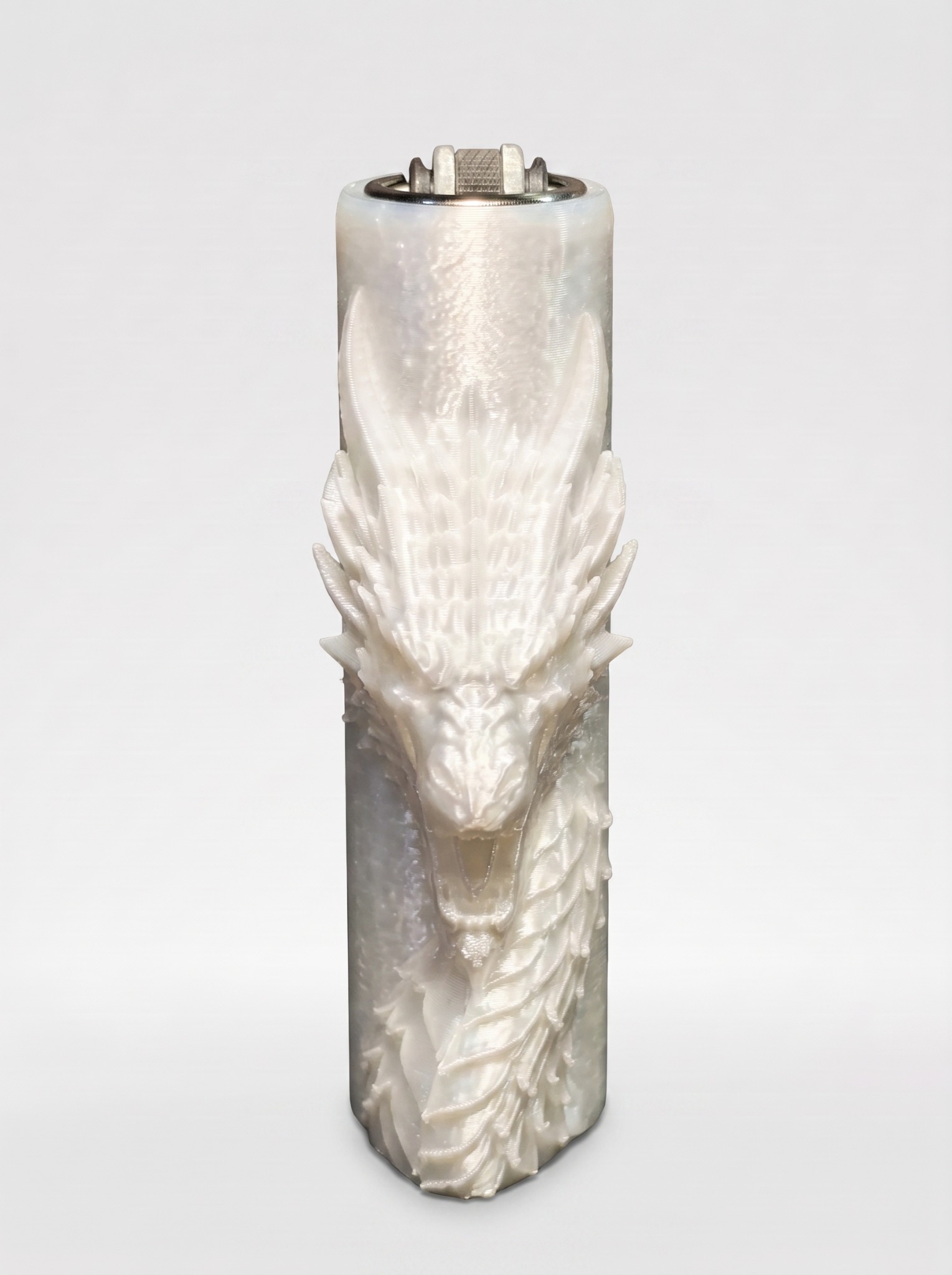 Pearl white Dragon Spirit lighter sleeve with sculpted dragon design