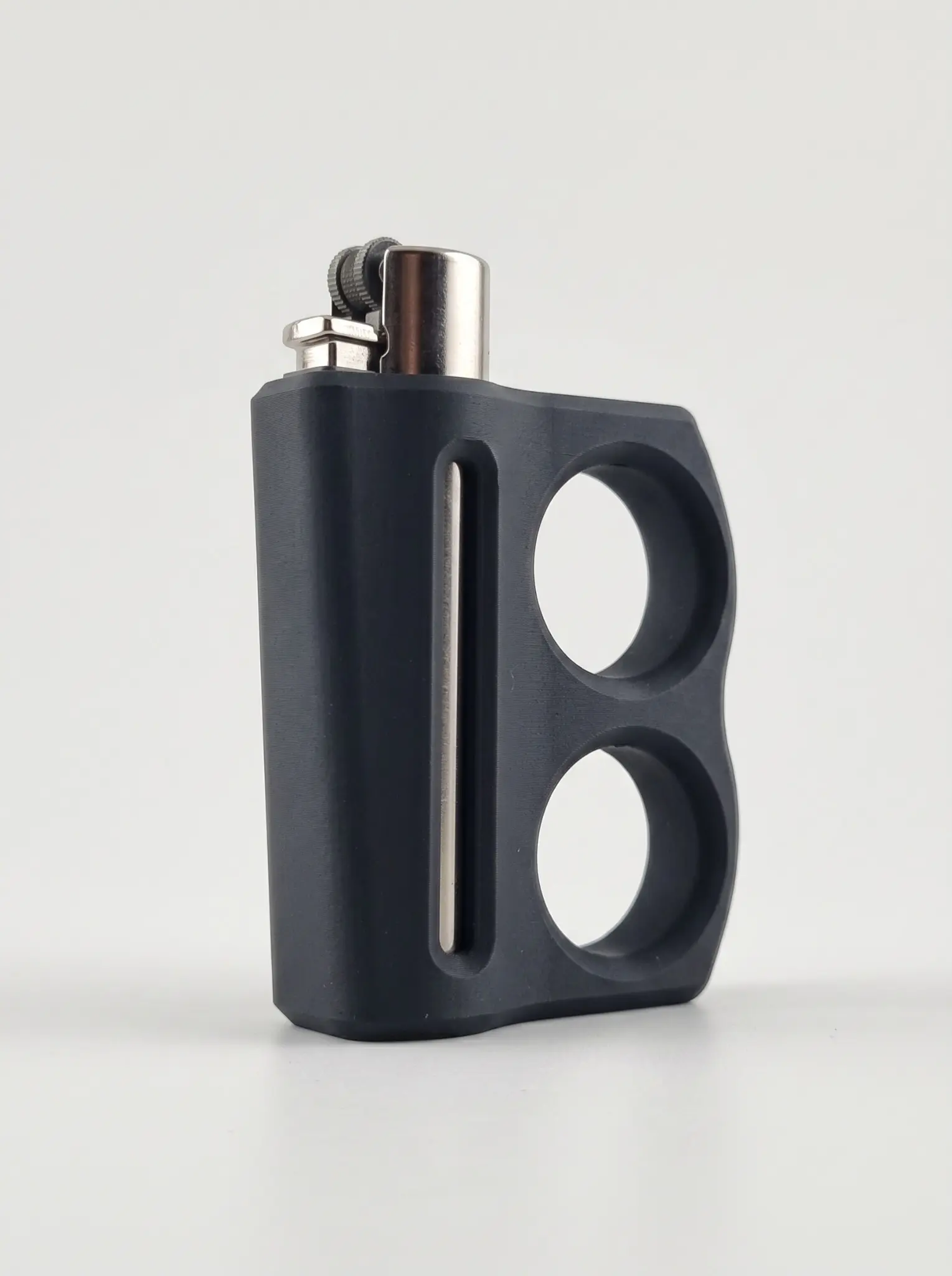 Matte-black 3D-printed lighter sleeve with two integrated circular finger grips
