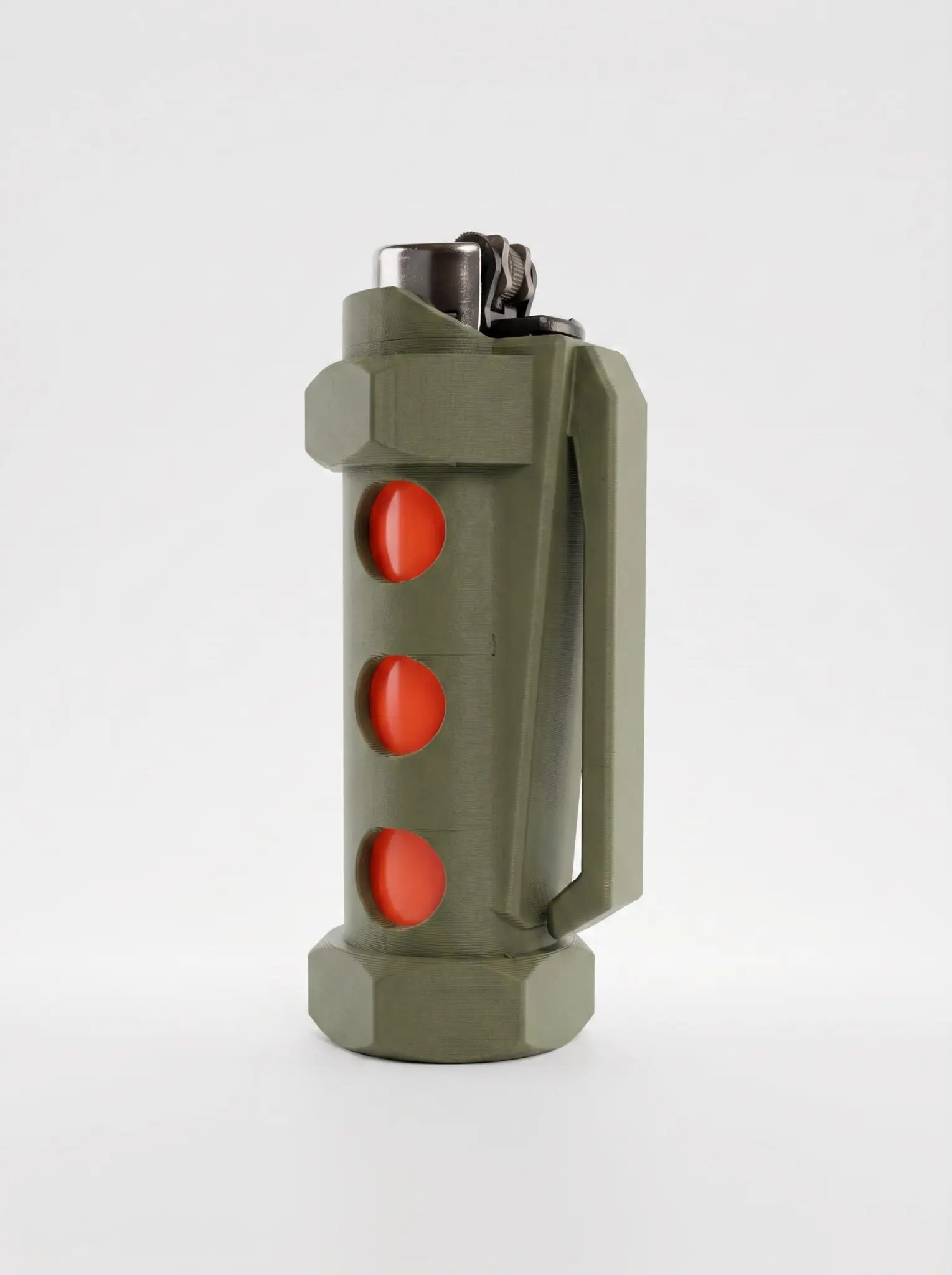 Olive-green Flashbang lighter sleeve with orange inset details and a raised tactical clip