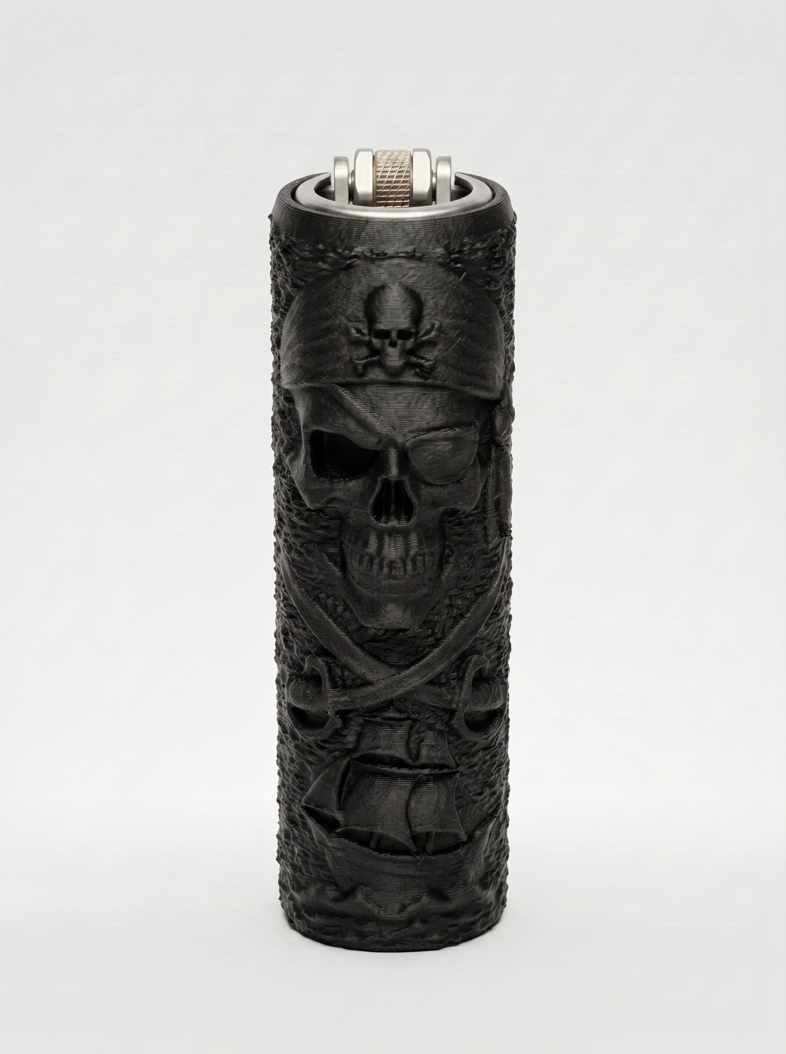 Matte-black Pirate Skull lighter sleeve with raised eyepatch skull and crossed-sword details
