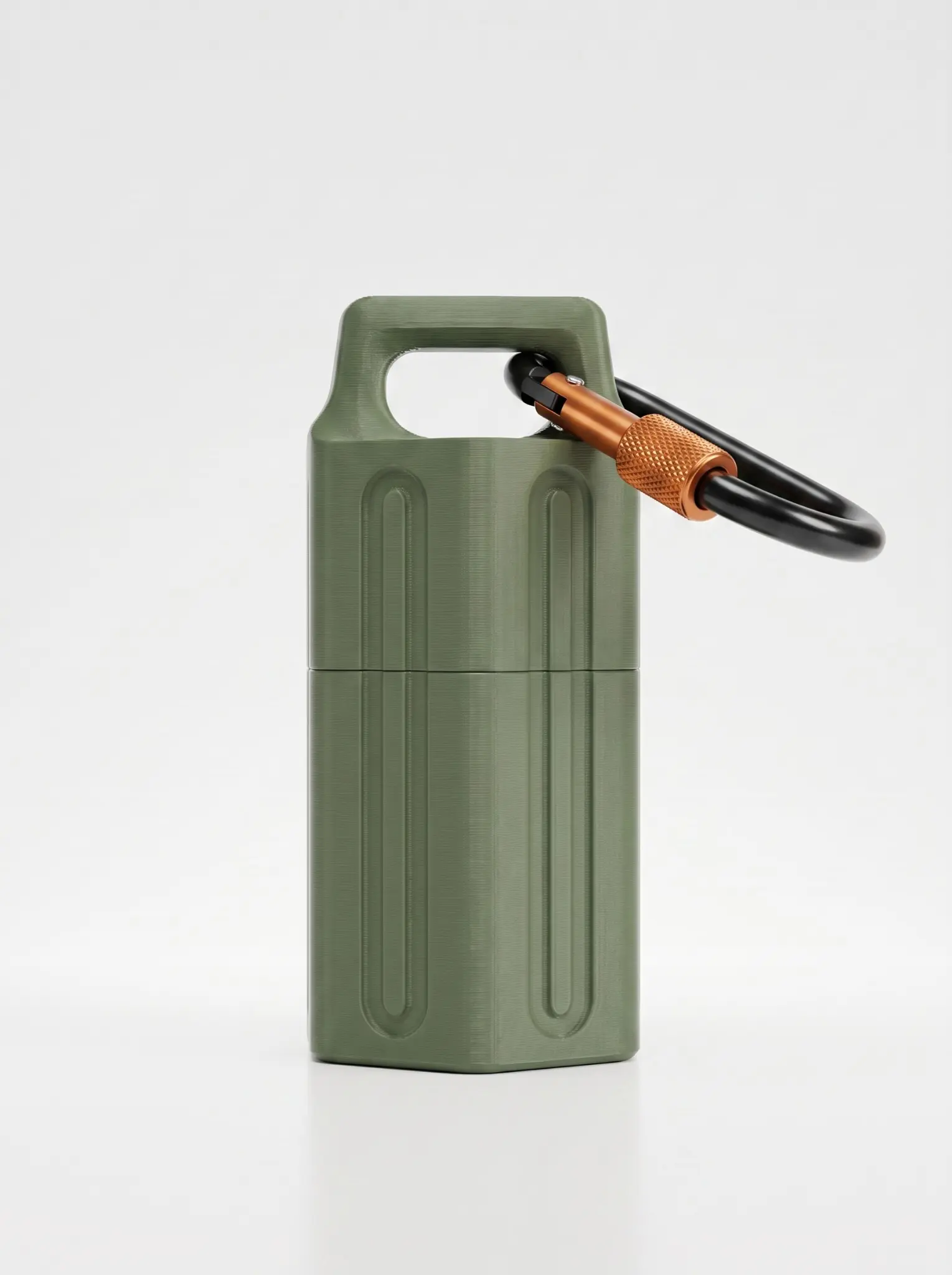 Olive-green sealed EDC container with a threaded lid, fitted organizer insert, and locking carabiner
