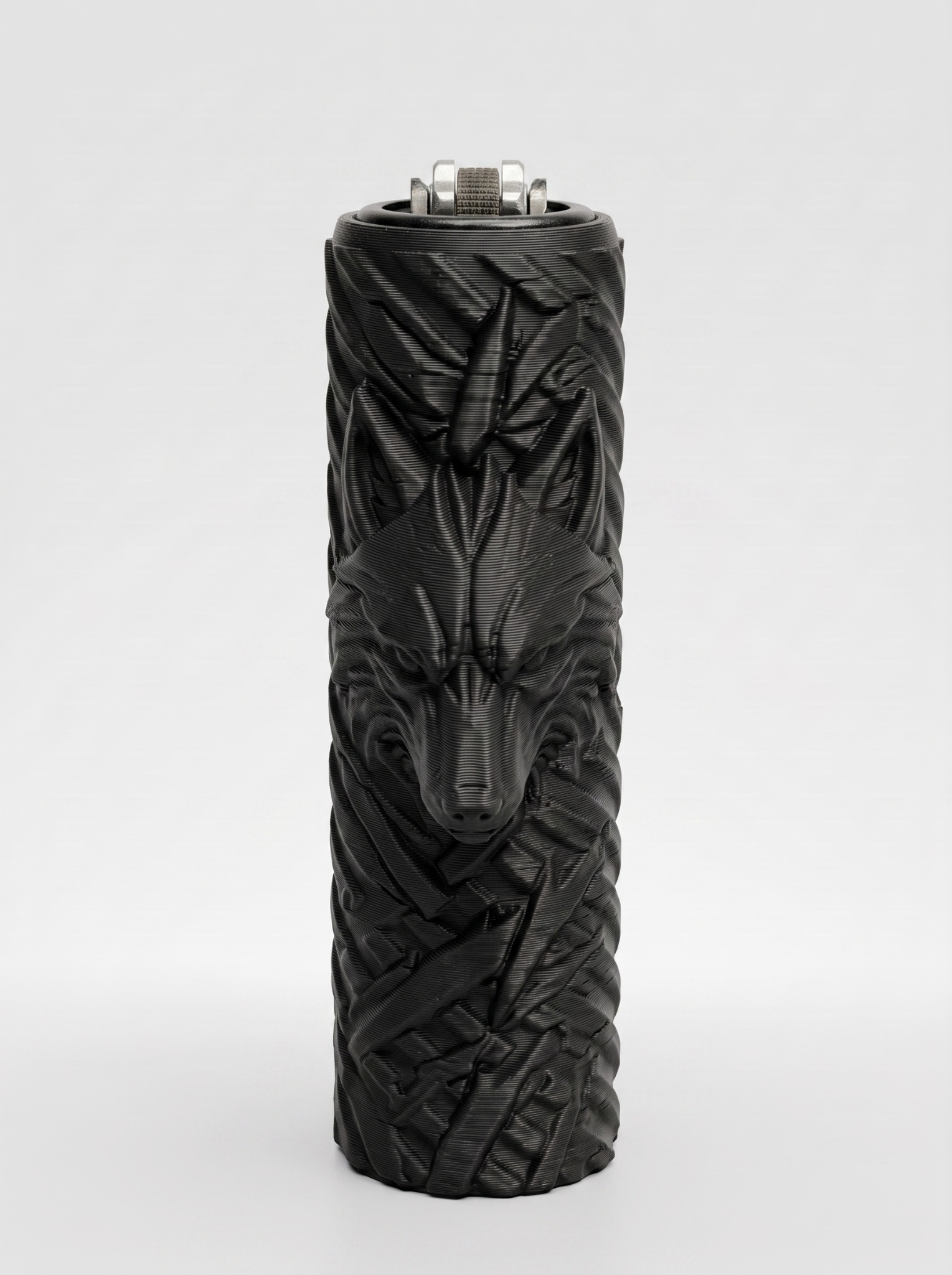 Black Slim Wolf lighter sleeve with sculpted wolf design