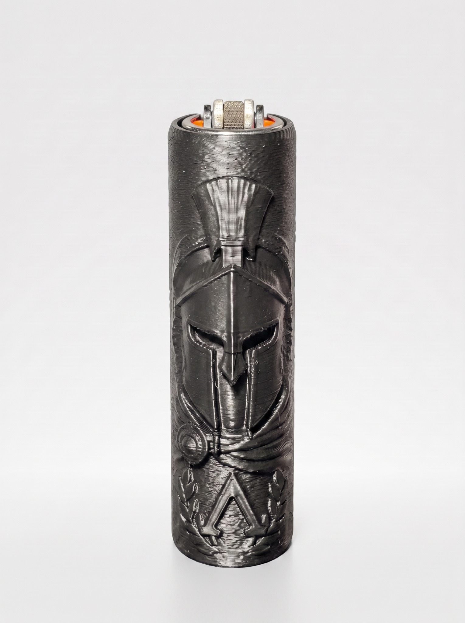 Black Spartan lighter sleeve with sculpted warrior helmet details