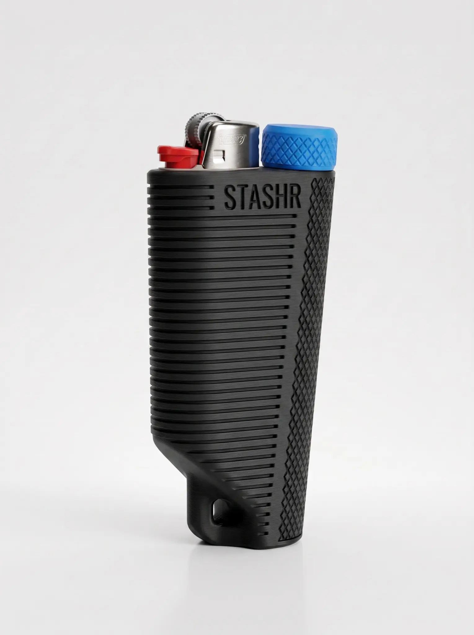 Matte-black Stasher Pocket Case with a fitted lighter channel, textured grip, and blue screw-top compartment