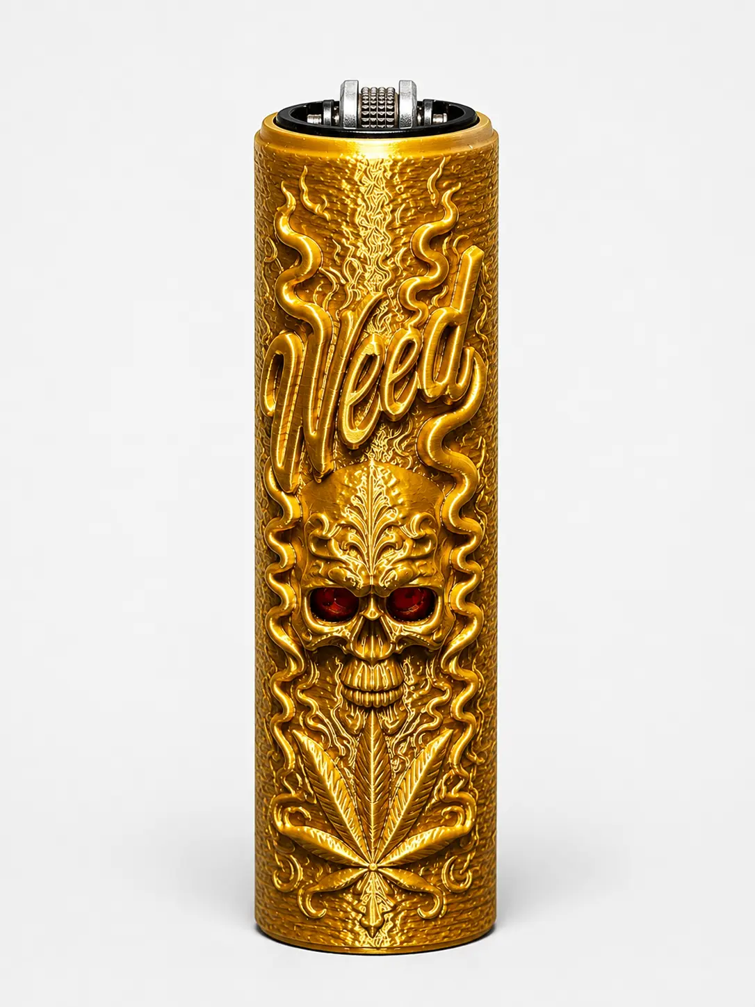 Metallic-gold Weed Skull lighter sleeve with raised skull, cannabis leaf, and flame details